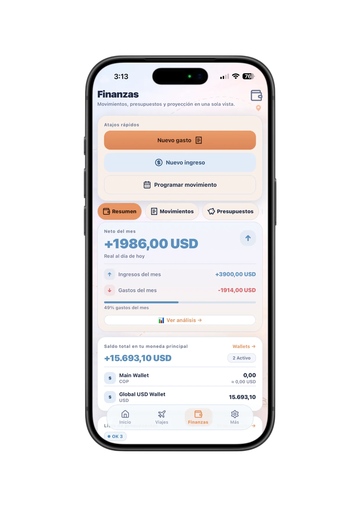 Vista de Control financiero pensado para una vida internacional en Nomly