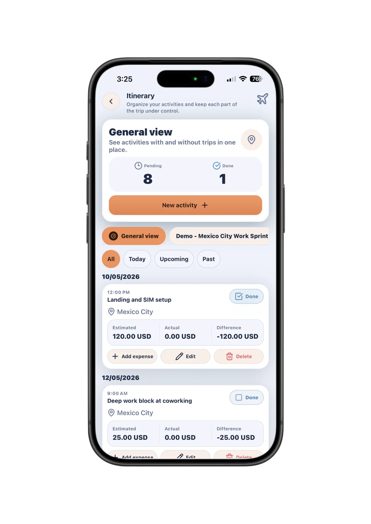 An itinerary that follows the real trip view in Nomly