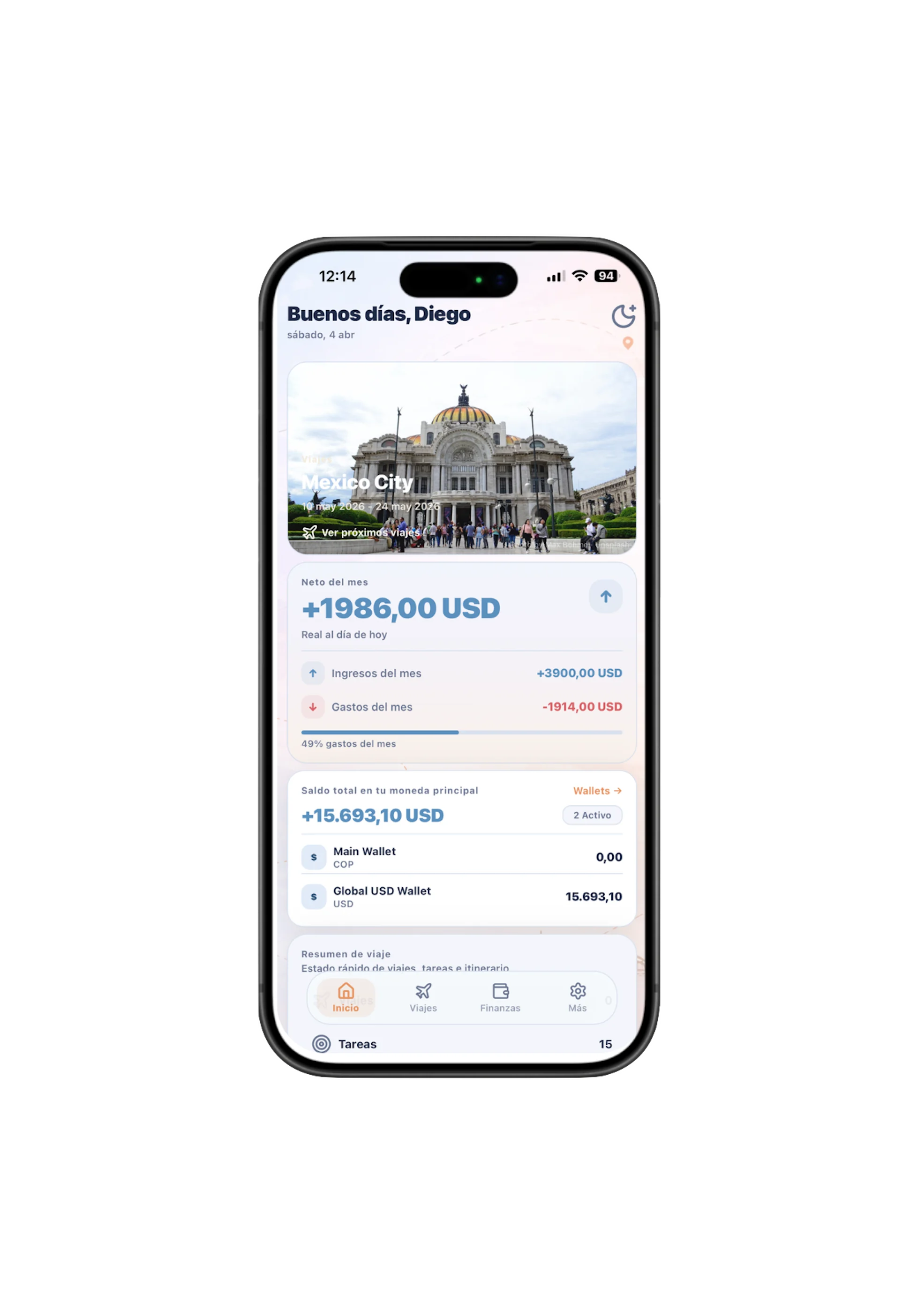 Vista de Tu día, resumido en segundos en Nomly