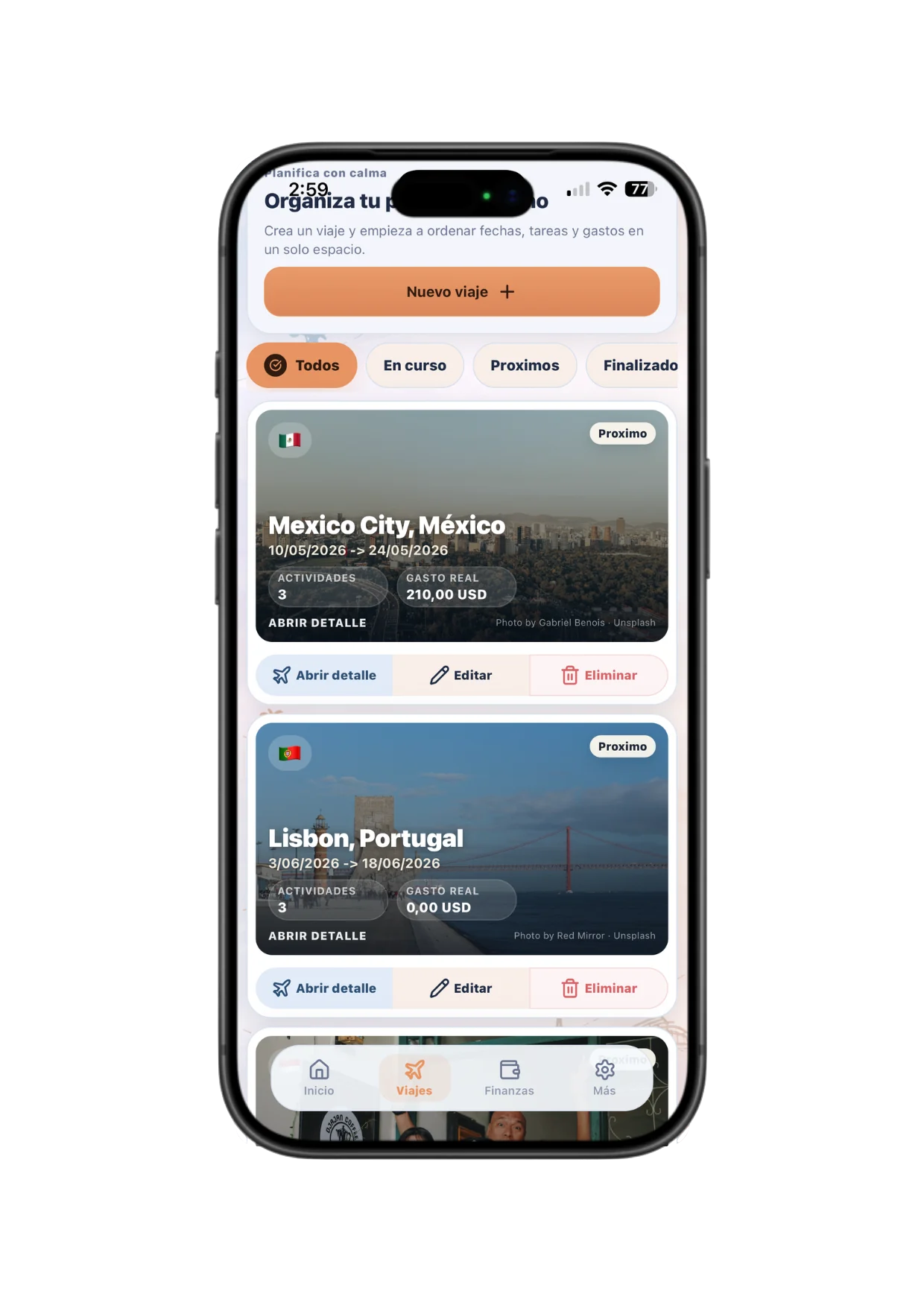 Vista de Tus viajes con contexto real, no solo fechas en Nomly
